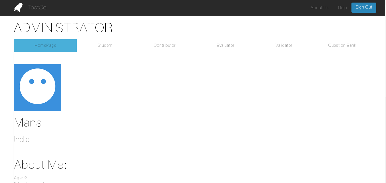 The Administrator's home page - where he can control students, evaluators, contributors, and validators