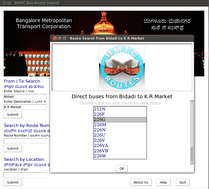 New window with bus routes between the source and destination