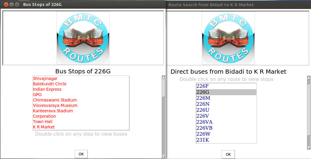 On clicking on a particular bus route, it's stops pop up.